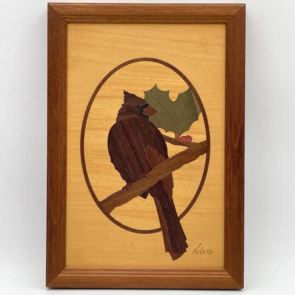 Vintage Hudson River Inlay Cardinal Wood‎ Marquetry Wall Art Framed